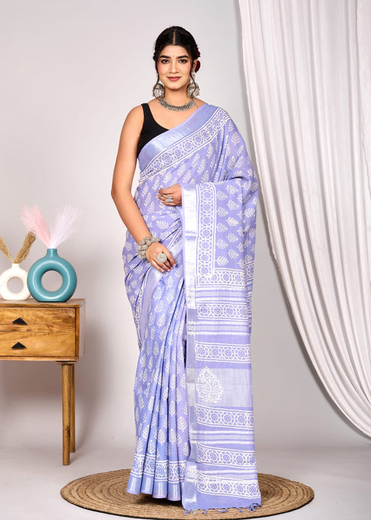 Chic Rose of France Linen Cotton Saree with White Hand Block Print