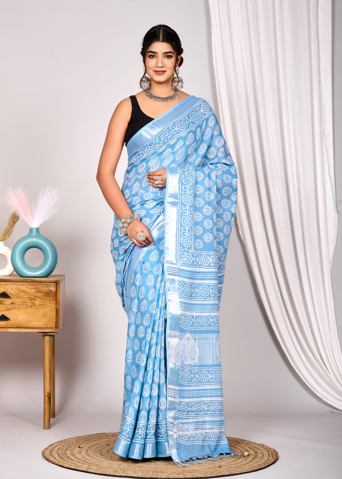 Dreamy Powder Blue Linen Cotton Saree with White Hand Block Print