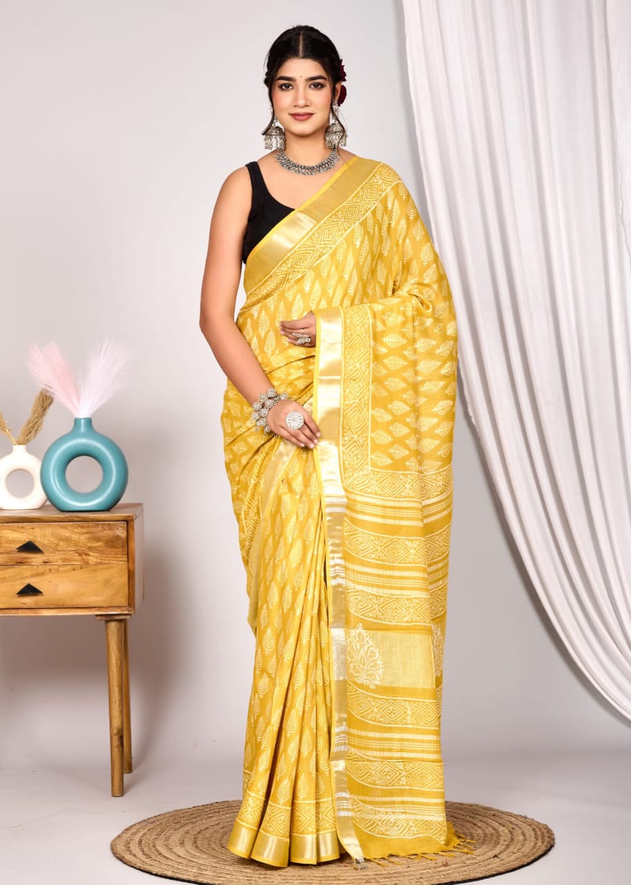 Bright Mustard Yellow Linen Cotton Saree with White Hand Block Print