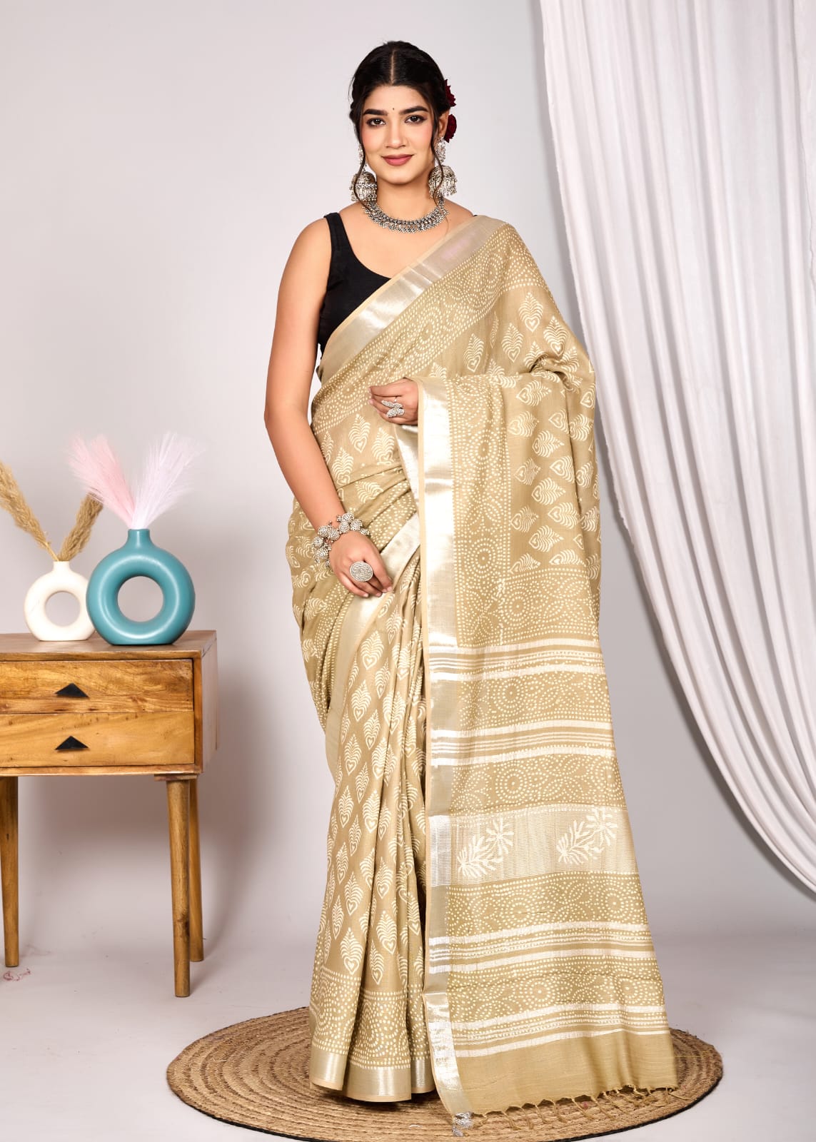 Delicate Butter Yellow Linen Cotton Saree with White Hand Block Print