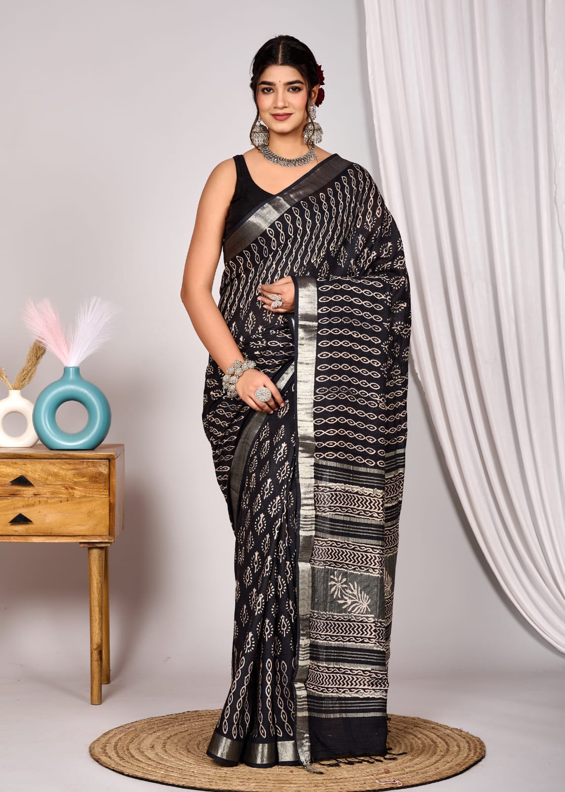 Classic Black Linen Cotton Saree with White Hand Block Print