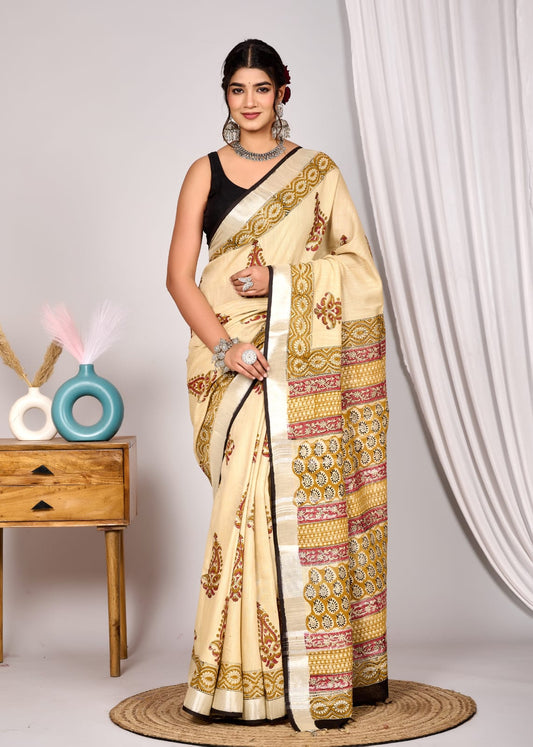 Sophisticated Beige Linen Cotton Saree with Traditional Mango Hand Block Print