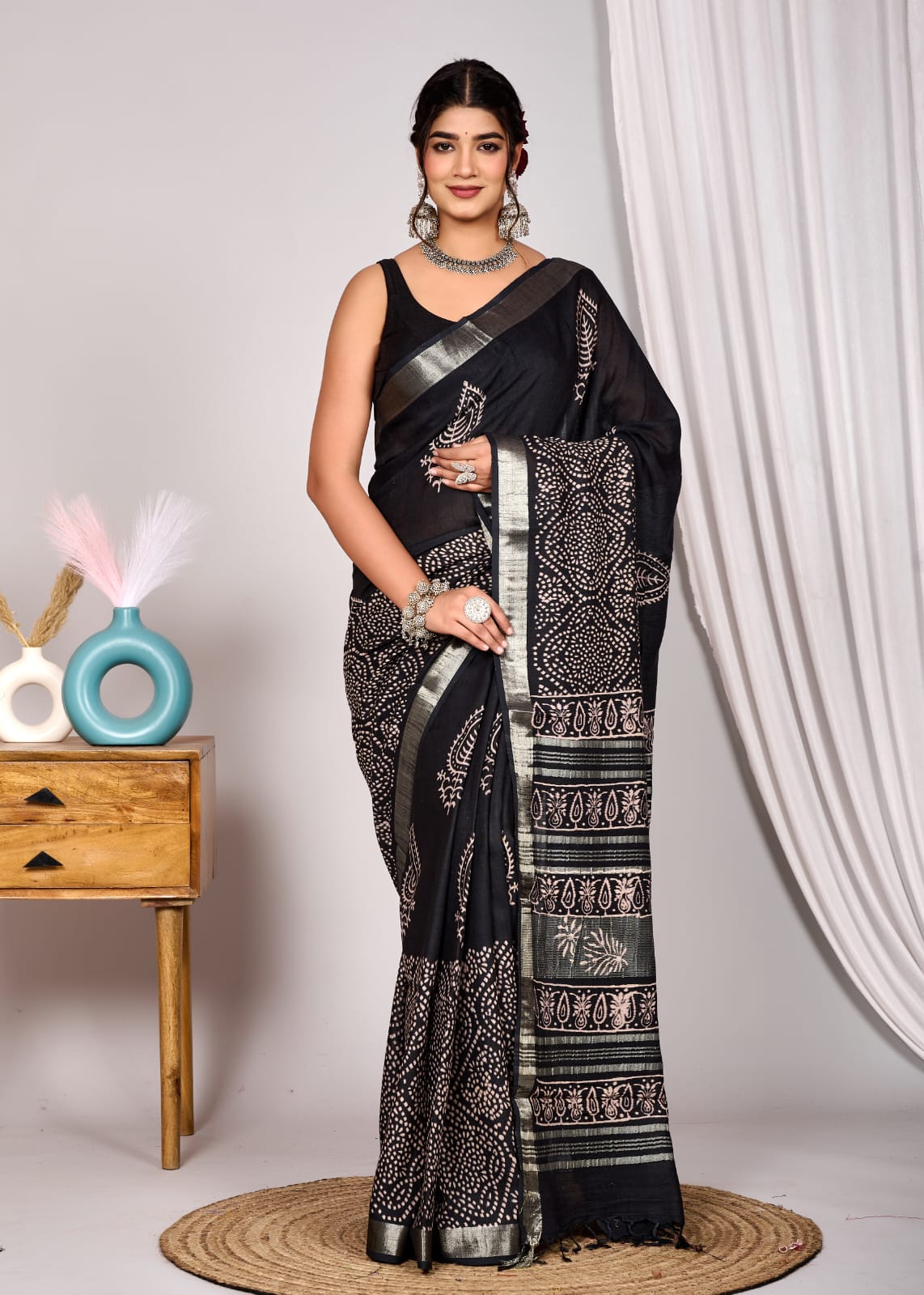 Sophisticated Black Linen Cotton Saree with White Hand Block Print