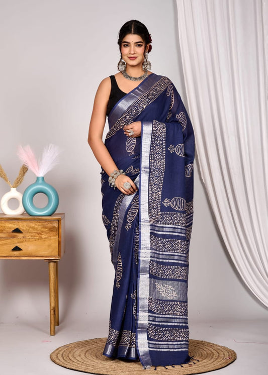 Stunning Navy Blue Linen Cotton Saree with White Hand Block Print