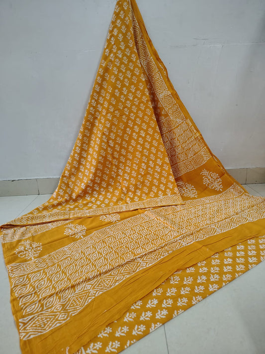 Radiant Yellow Super Soft Cotton Saree with White Hand Block Floral Design