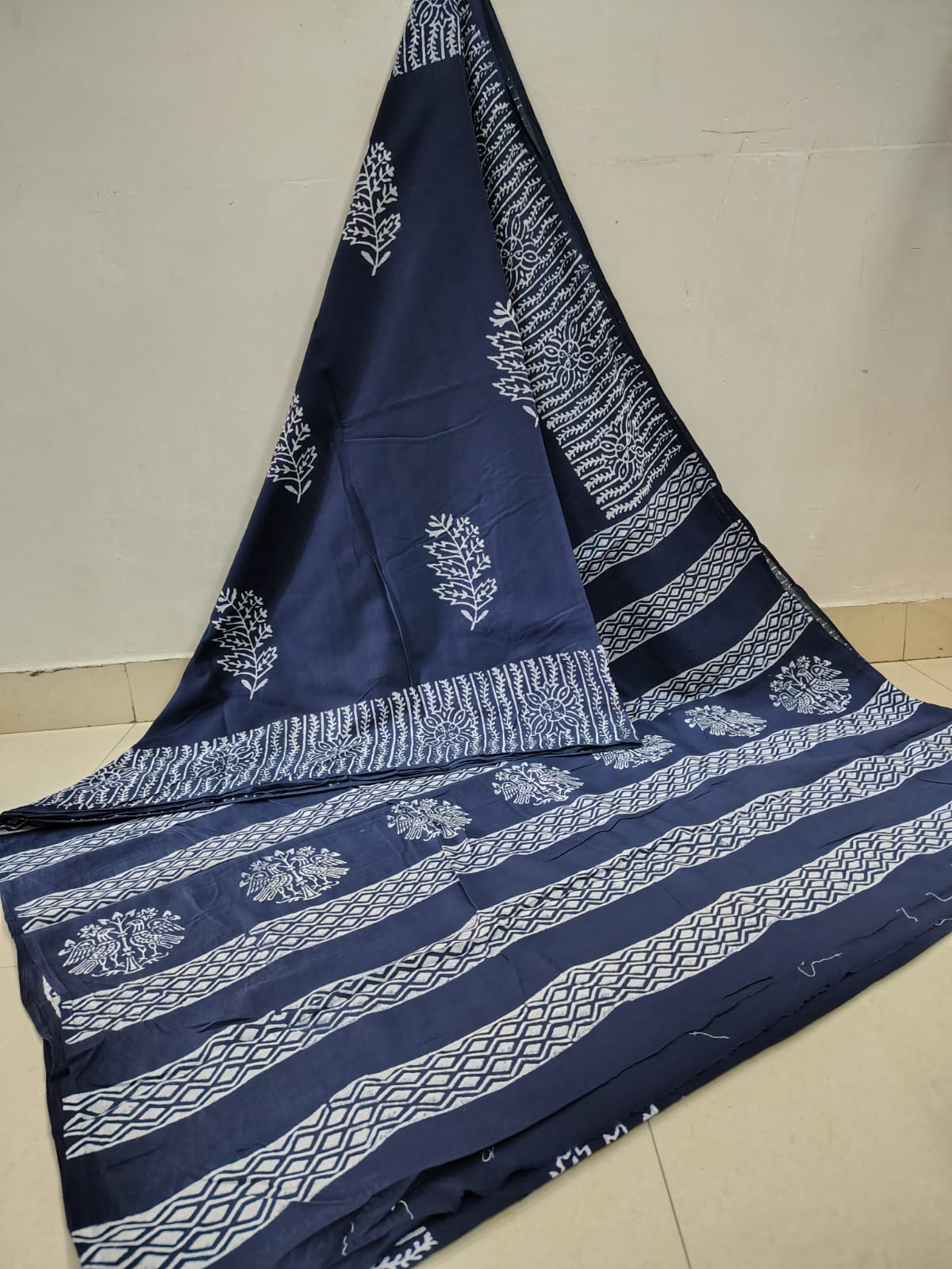 Classic Navy Blue Super Soft Cotton Saree with White Hand Block Floral Design