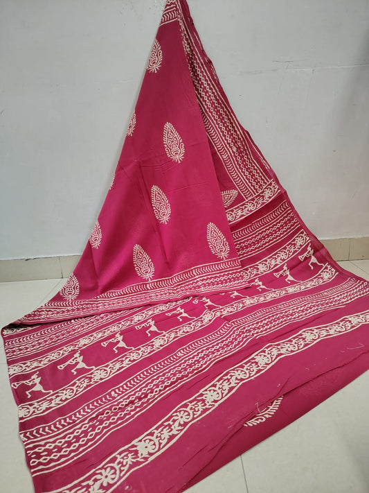 Vibrant Magenta Super Soft Cotton Saree with White Hand Block Floral Design