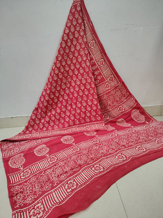 Bold Red Super Soft Cotton Saree with White Hand Block Floral Design