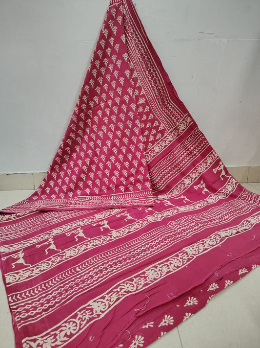 Charming Pink Super Soft Cotton Saree with White Floral Hand Block Design