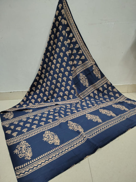 Charming Blue Super Soft Cotton Saree with Beige Hand Block Floral Design