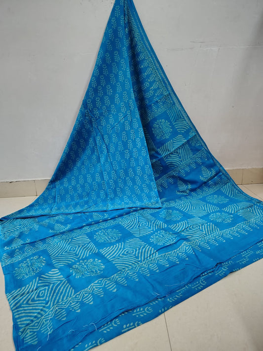 Cool Cyan Super Soft Cotton Saree with White Floral Hand Block Design