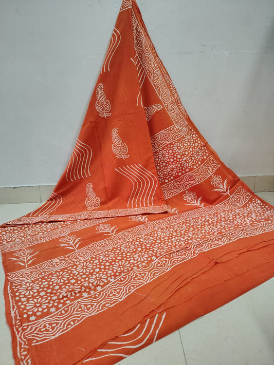 Bright Orange Super Soft Cotton Saree with White Floral Hand Block Design