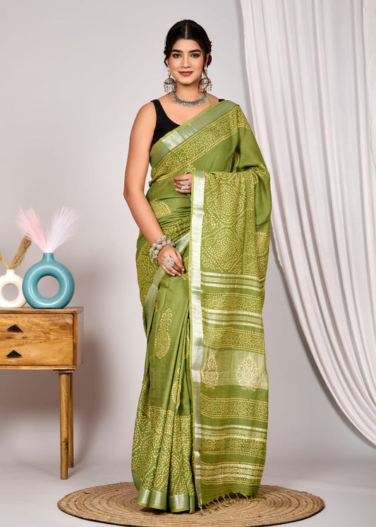 Chic Olive Green Linen Cotton Saree with White Hand Block Print