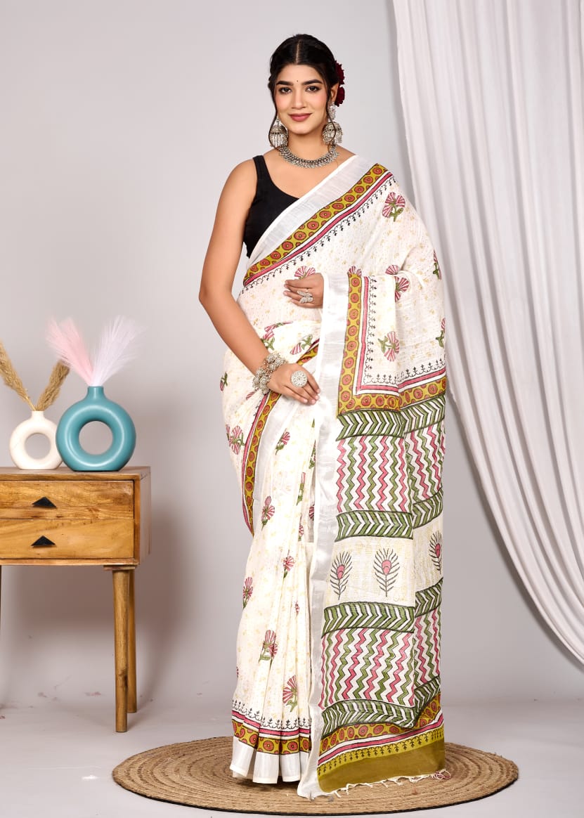 Graceful White Linen Cotton Saree with Floral Hand Block Print