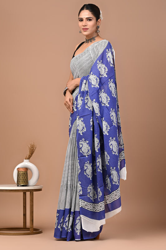 Royal Blue & Black Striped Mul Cotton Saree with Paisley Print