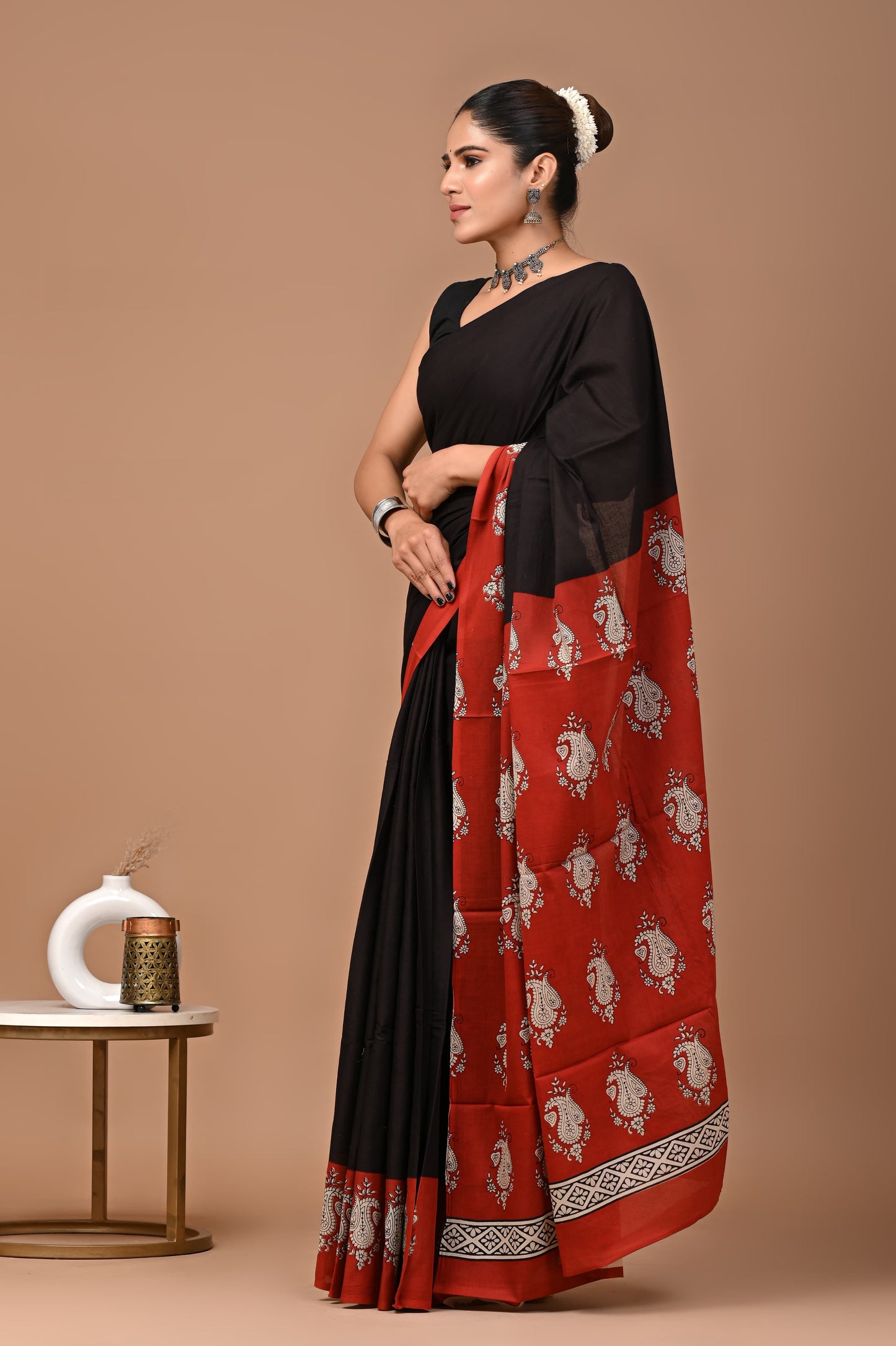 Black Mul Cotton Saree with Red Border & Floral Hand Block Print