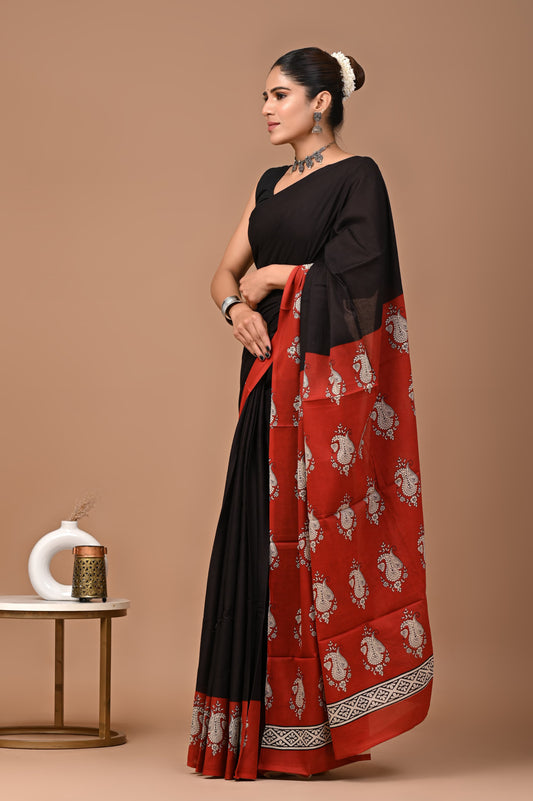 Black Mul Cotton Saree with Red Border & Floral Hand Block Print