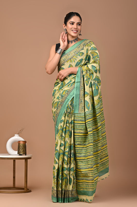 Leaf Print Mul Cotton Saree in Yellow-Green Tones with Contrast Pallu