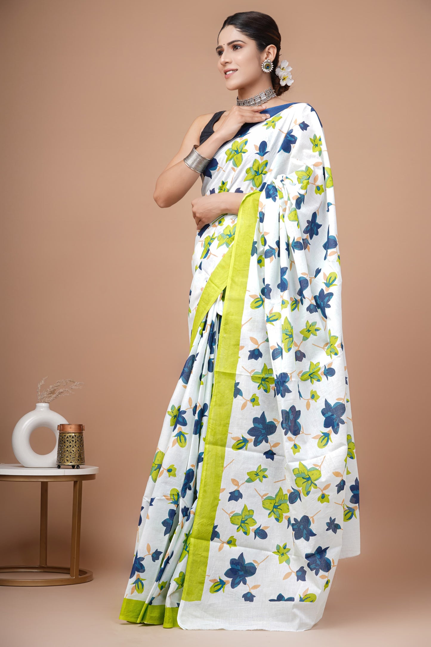 White Mul Cotton Saree with Blue & Green Floral Print and Lime Border