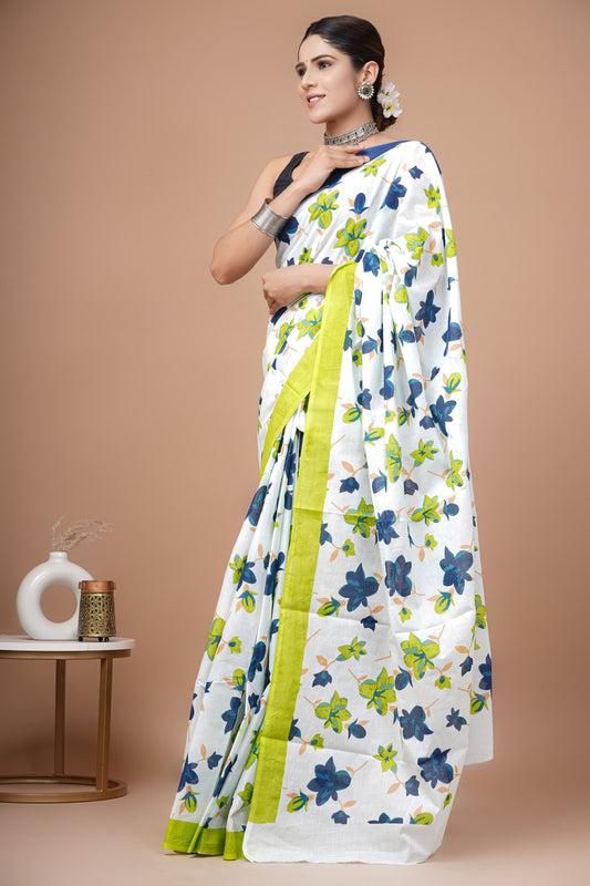 White Mul Cotton Saree with Blue & Green Floral Print and Lime Border