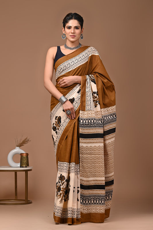 Earthy Brown & Beige Mul Cotton Saree with Floral and Tribal Prints