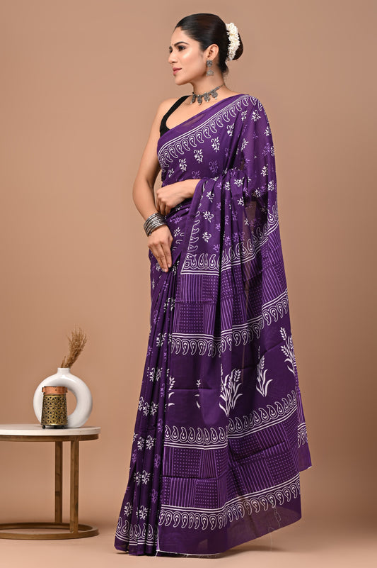 Deep Purple Mul Cotton Saree with White Hand Block Prints