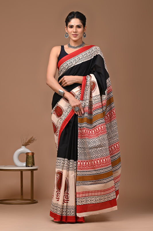 Classic Black and Beige Mul Cotton Saree with Red Kalamkari Motifs and Tribal Pattern