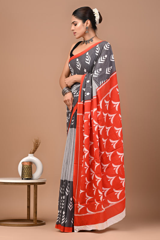 Dual-Tone Brown & Red Mul Cotton Saree with White Leaf Prints