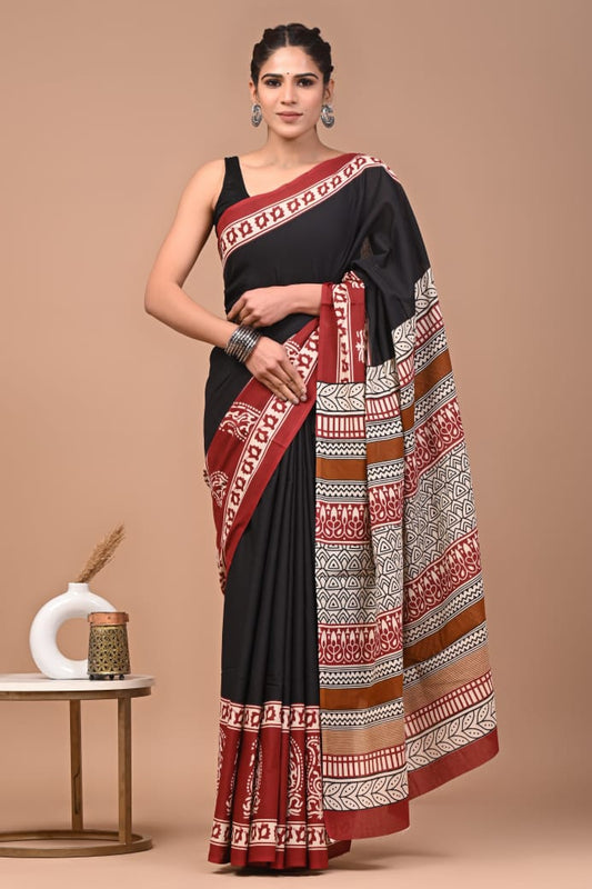 Elegant Black Mul Cotton Saree with Red Tribal Border and Patterned Pallu
