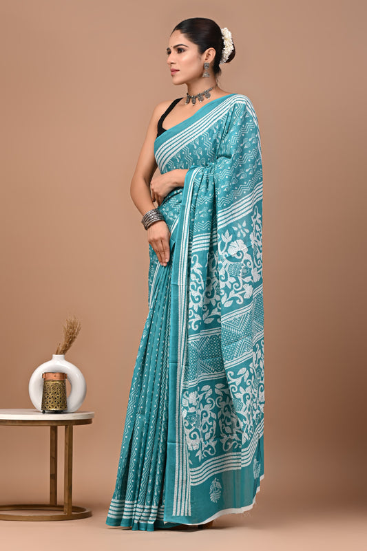 Aqua Green Mul Cotton Saree with White Traditional Block Print