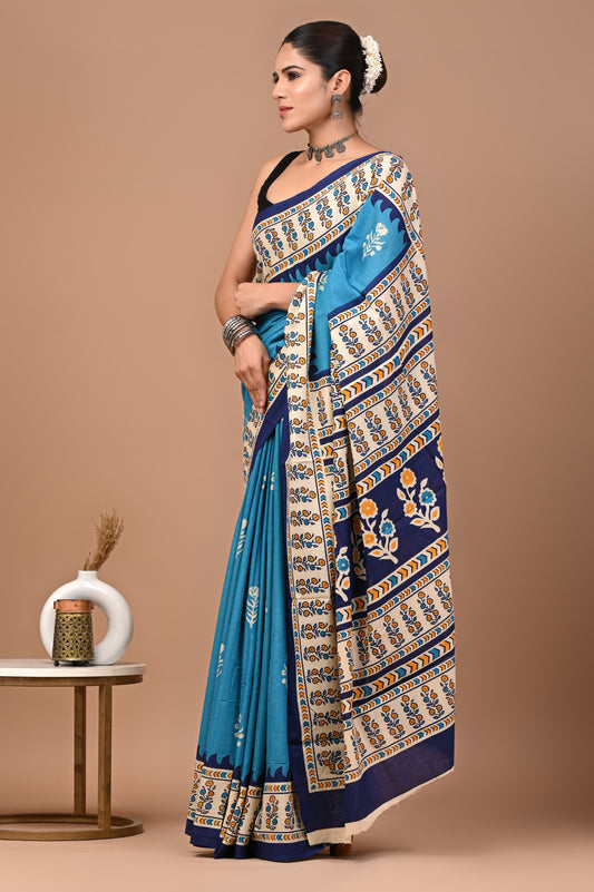 Teal Blue & Navy Mul Cotton Saree with Floral Ajrakh-Inspired Print