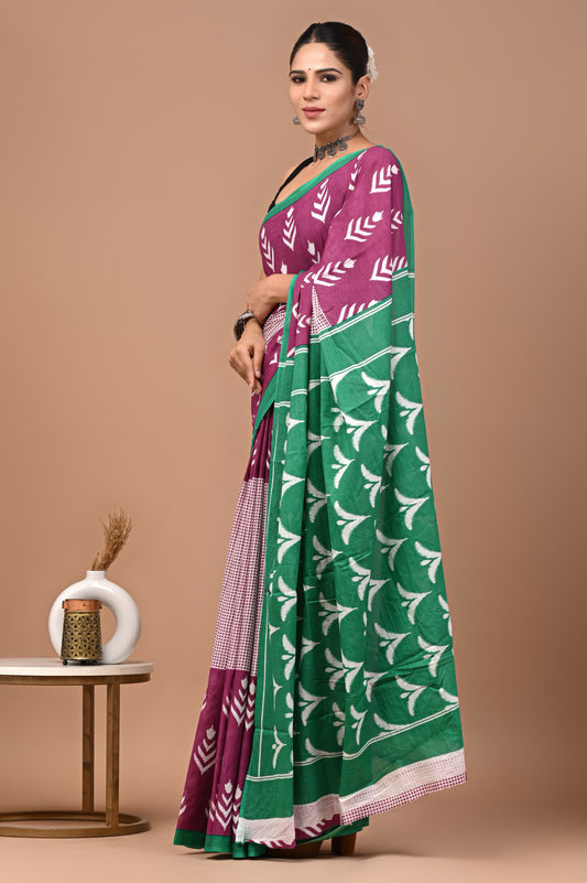 Dual-Tone Green & Purple Mul Cotton Saree with White Leaf Prints