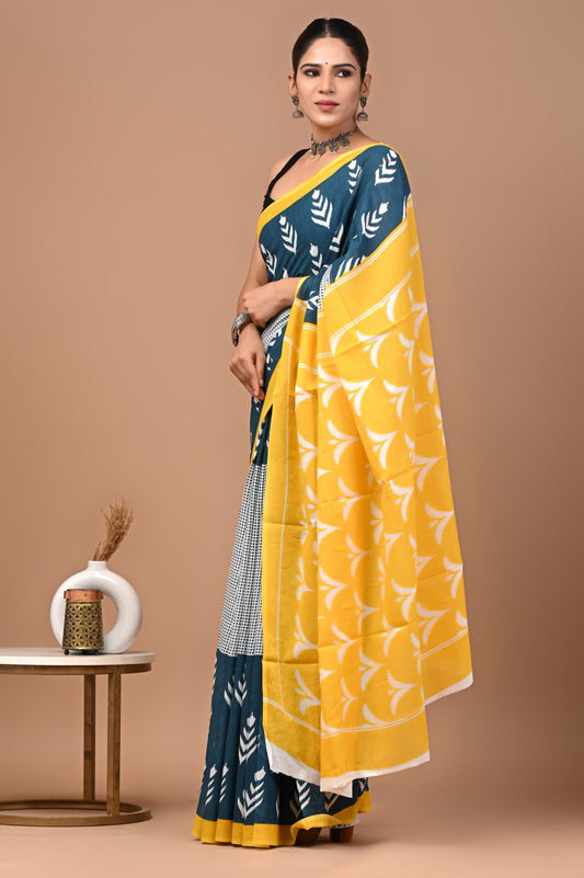 Dual-Tone Grey &  Yellow Mul Cotton Saree with White Leaf Prints