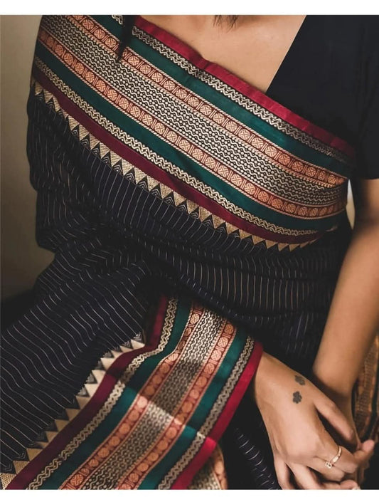 Elegant Black Striped Narayanpet Cotton Saree with Traditional Zari Border