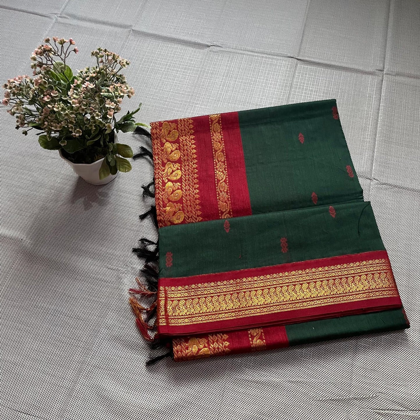 Green and Red Kalyani Cotton Saree with Gold Zari Work