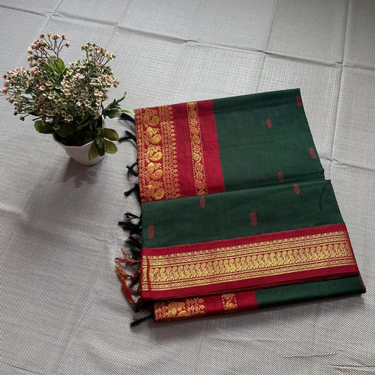 Green and Red Kalyani Cotton Saree with Gold Zari Work