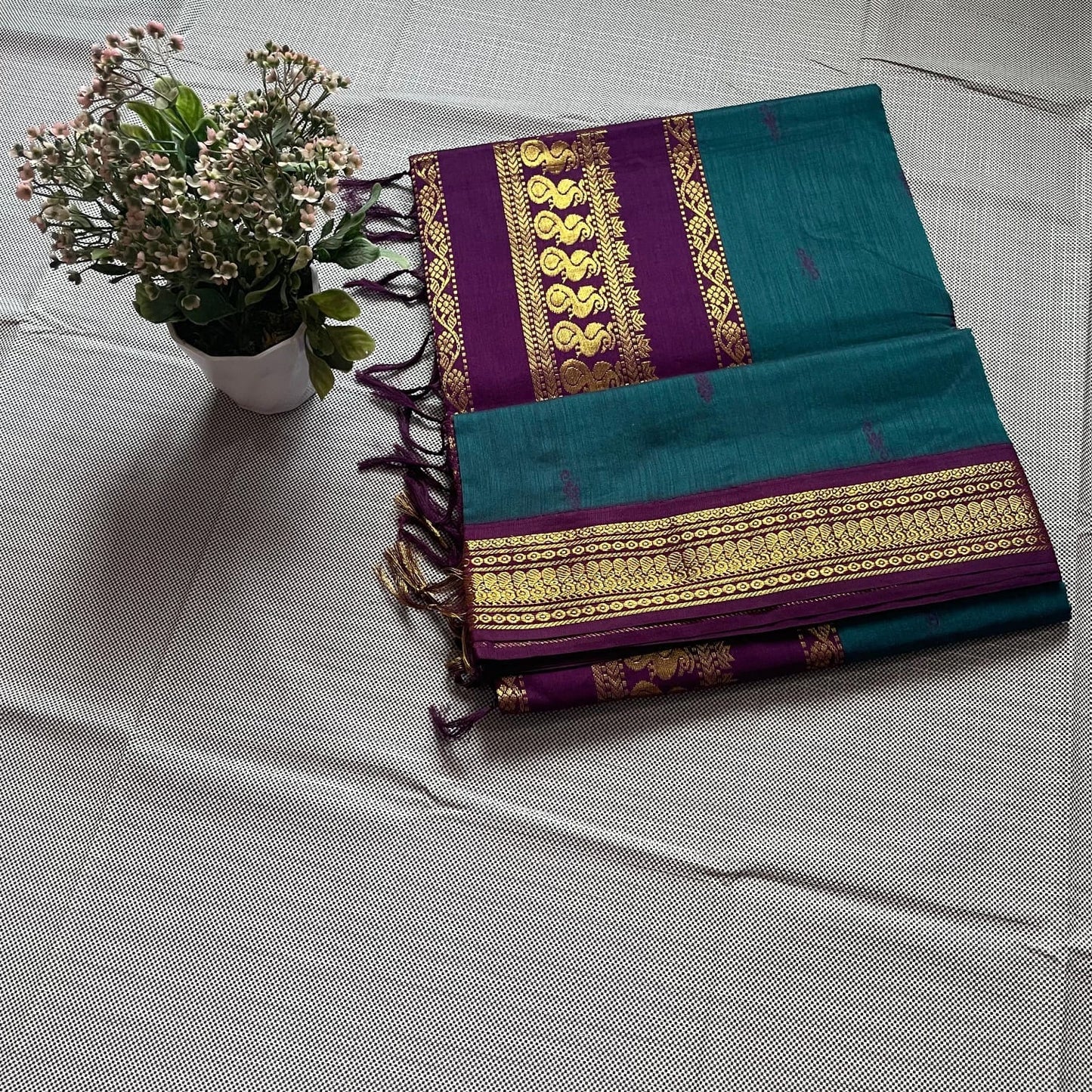 Turquoise Green with Purple Kalyani Cotton Saree with Gold Zari Work
