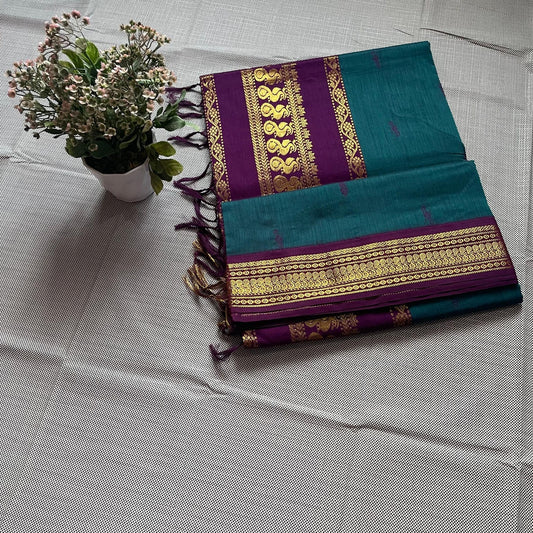Turquoise Green with Purple Kalyani Cotton Saree with Gold Zari Work
