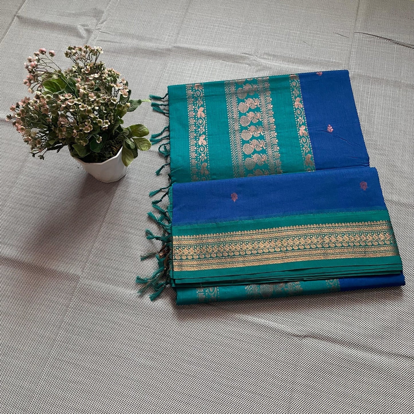 Blue and Green Kalyani Cotton Saree with Gold zari
