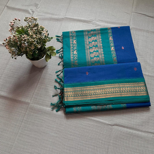 Blue and Green Kalyani Cotton Saree with Gold zari
