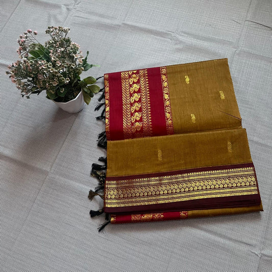 Mustard Yellow with Maroon Saree with Gold Zari work