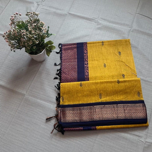 Yellow and Blue Kalyani Cotton Saree with Gold Zari Work