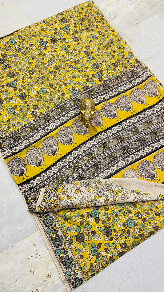 Golden Peacock Kalamkari Mul Cotton Saree (PCKC-20)