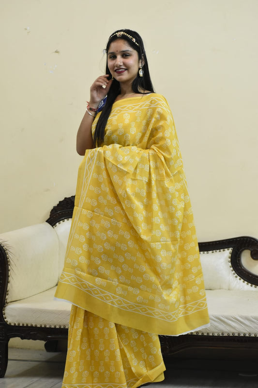 Golden Bloom Radiance Mul Mul Cotton Saree