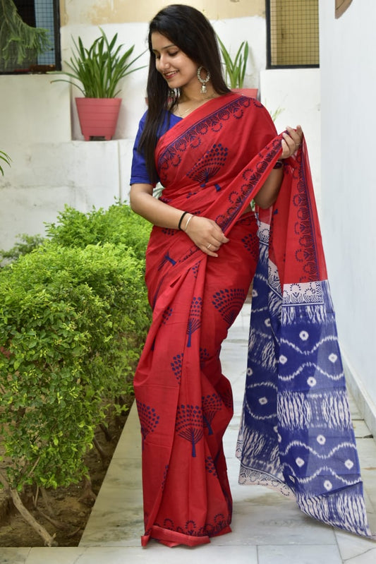 Ruby Azure Symphony Mul Mul Cotton Saree