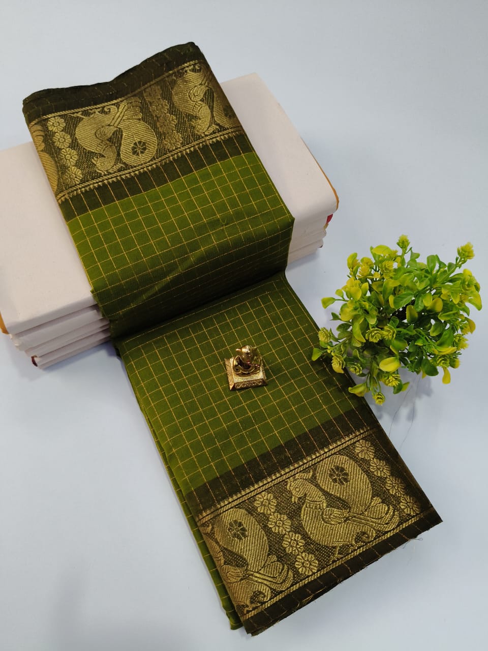 Chettinad Cotton Saree in Rifle Green with Golden Peacock Border