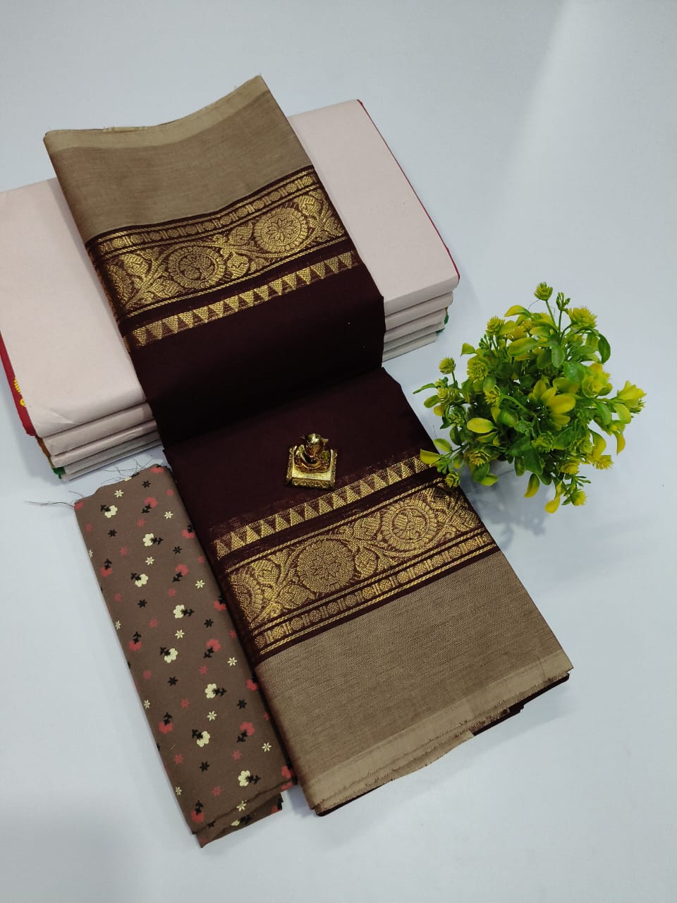 Chettinad Cotton Saree in Coffee Brown with Golden Brocade Border