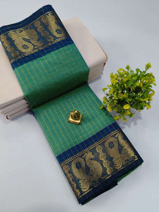 Chettinad Cotton Saree in Teal with Blue Peacock Border