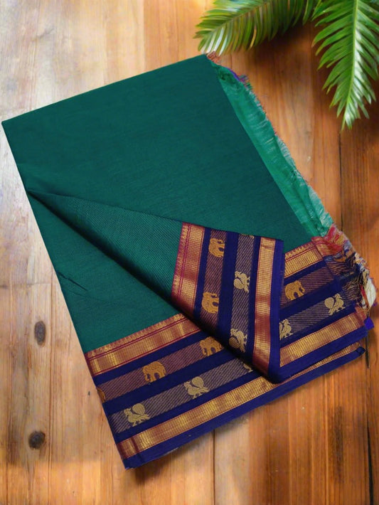 Chettinad Cotton Saree in Bottle Green with Elephant Motif Border