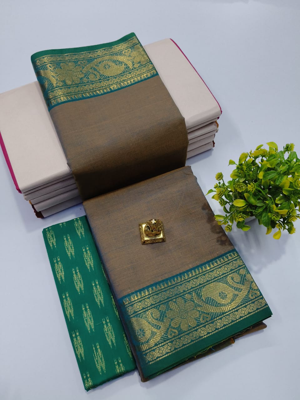 Chettinad Cotton Saree in Olive Green with Golden Floral Border